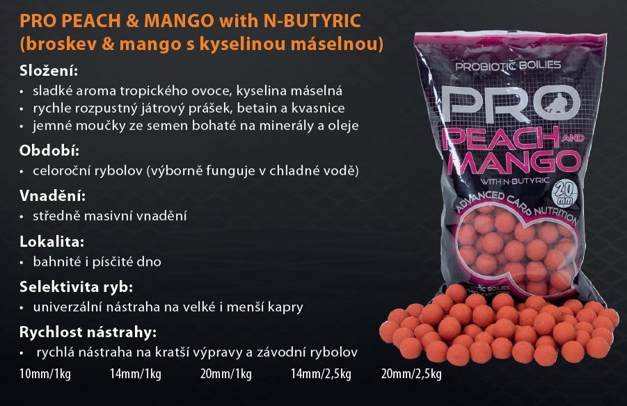 STARBAITS boilies Probiotic Peach & Mango (Broskev a Mango) 20mm/2,5kg